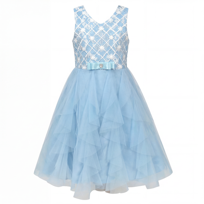 Sunny Fashion Girls Blue Grid Mesh Ruffle Tulle Princess Dress
