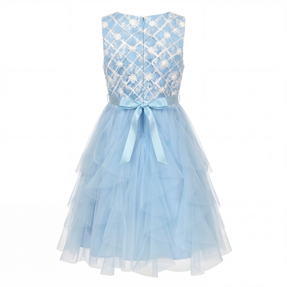 Sunny Fashion Girls Blue Grid Mesh Ruffle Tulle Princess Dress