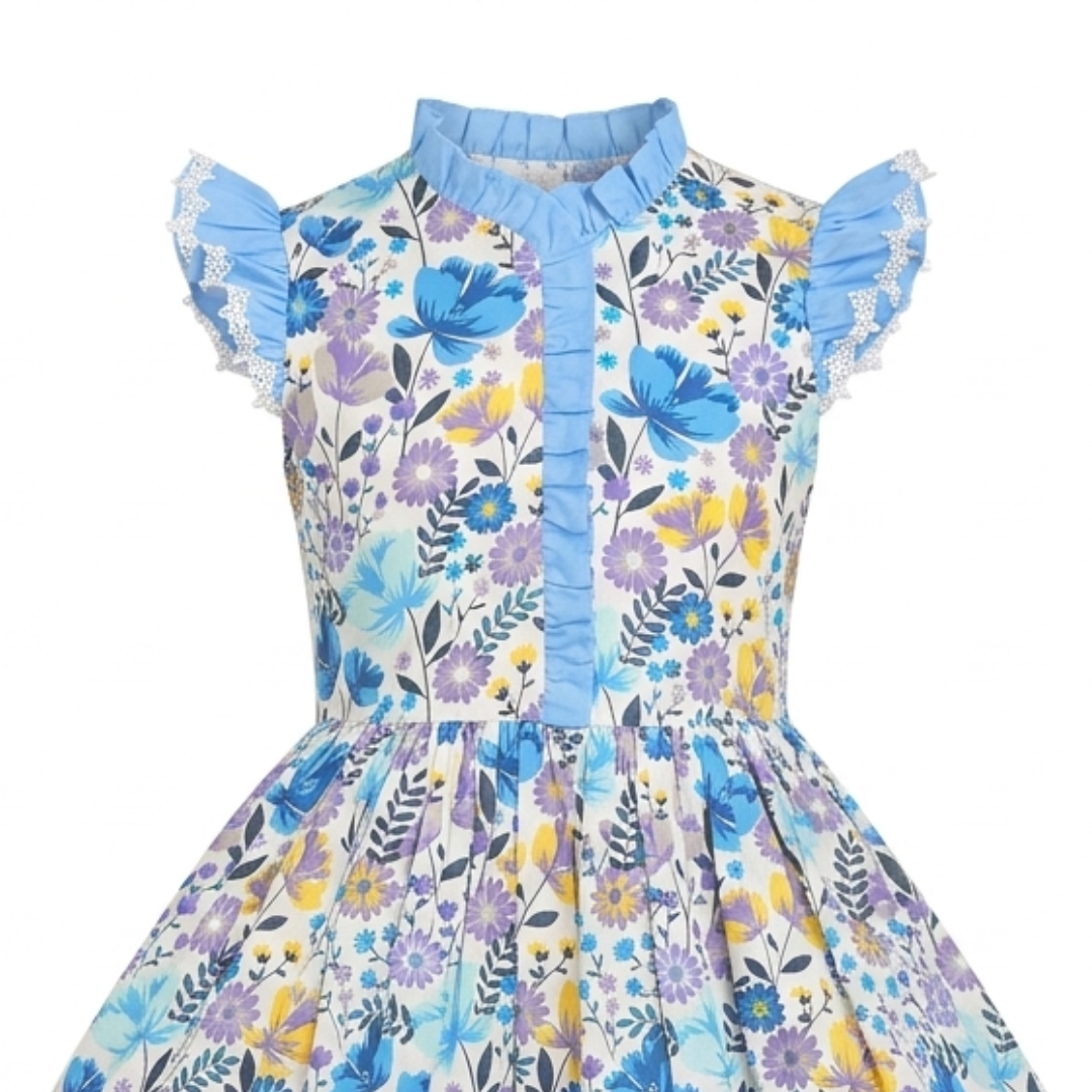 Sunny Fashion Girls Blue Botanical Floral Dress with Ruffle Collar