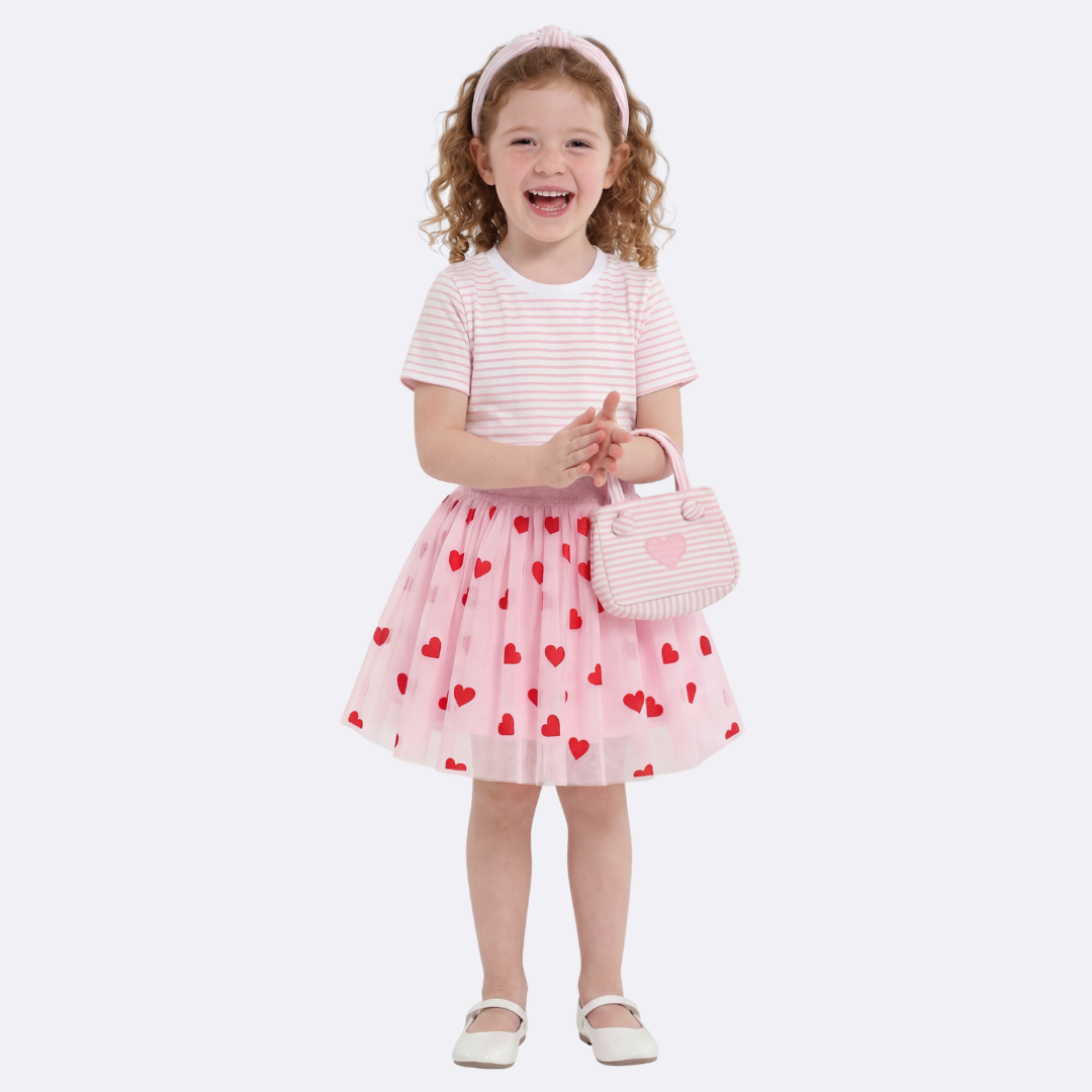 Sunny Fashion Girls Pink Heart Tulle Skirt Set – Cute Striped T-Shirt & Pleated Mesh Outfit