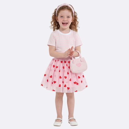 Sunny Fashion Girls Pink Heart Tulle Skirt Set – Cute Striped T-Shirt & Pleated Mesh Outfit