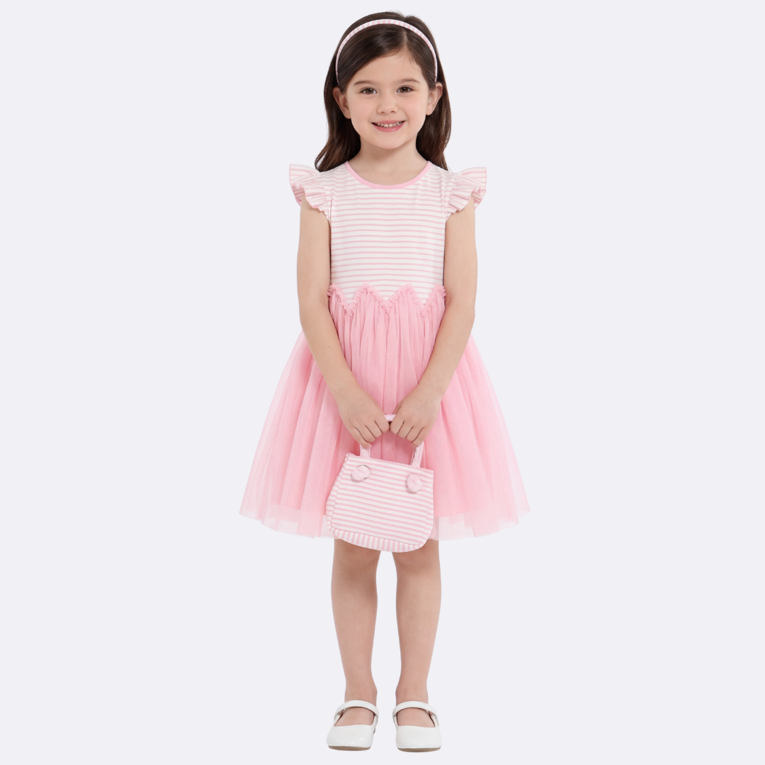 Sunny Fashion Girls Yellow Striped Cotton Dress with Daisy Tulle Skirt