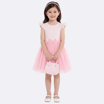 Sunny Fashion Girls Yellow Striped Cotton Dress with Daisy Tulle Skirt