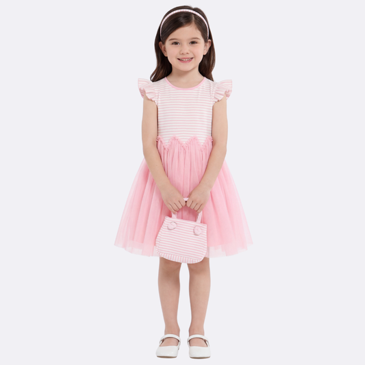 Sunny Fashion Girls Yellow Striped Cotton Dress with Daisy Tulle Skirt