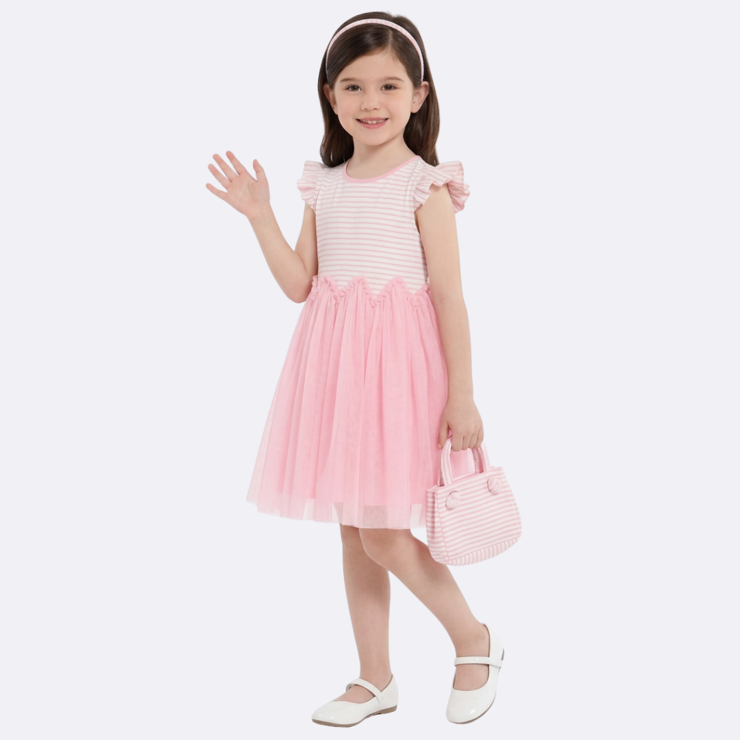 Sunny Fashion Girls Yellow Striped Cotton Dress with Daisy Tulle Skirt