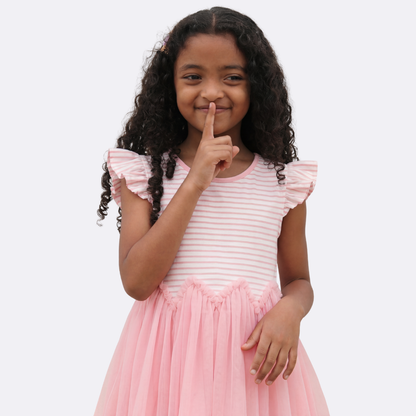 Sunny Fashion Girls Yellow Striped Cotton Dress with Daisy Tulle Skirt