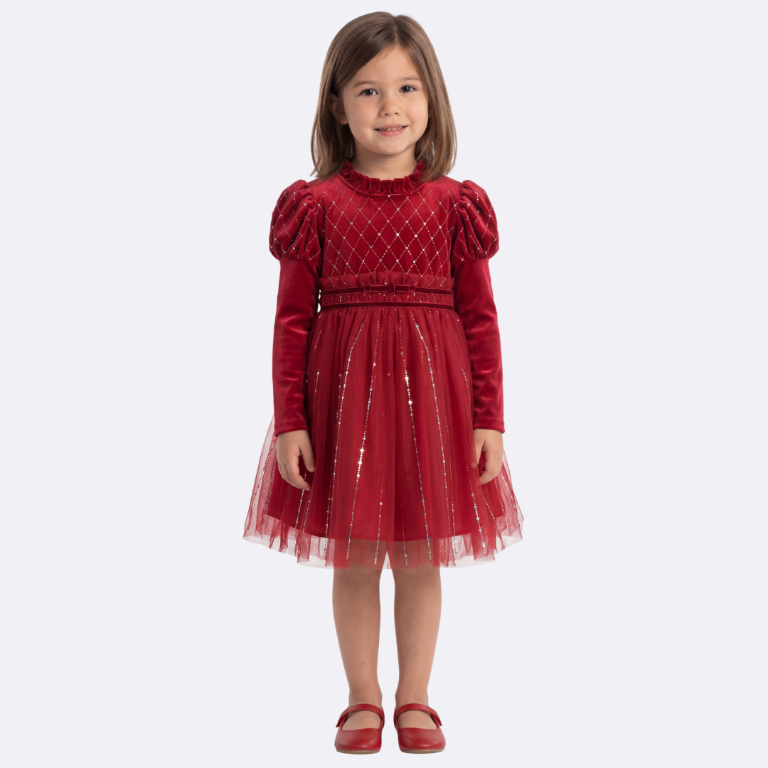 Sunny Fashion Girls Red Rhinestone Puff Sleeve Party Dress