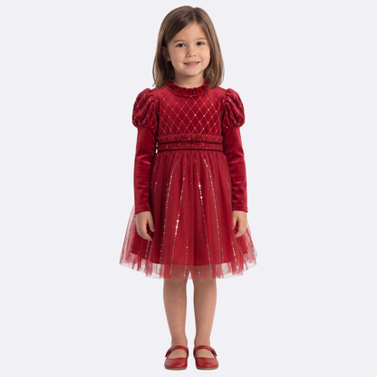 Sunny Fashion Girls Red Rhinestone Puff Sleeve Party Dress