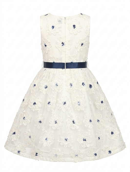 Sunny Fashion Girls White Floral Embroidered Tulle Dress with Navy Belt
