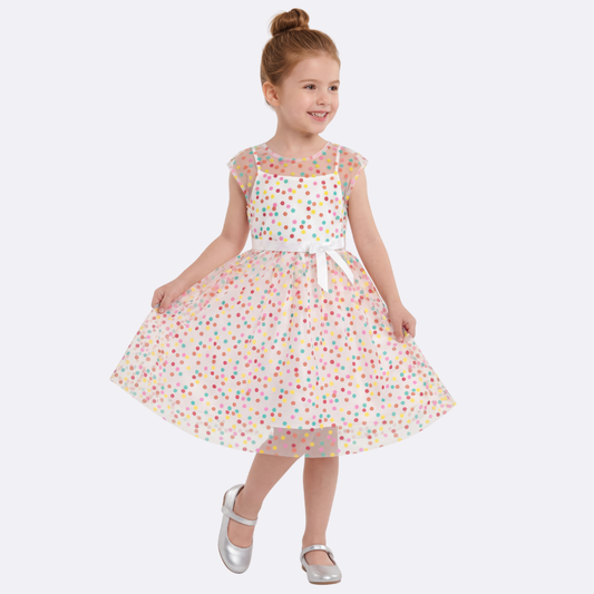 Sunny Fashion Girls Rainbow Polka Dot Tulle Dress with Ribbon Waist