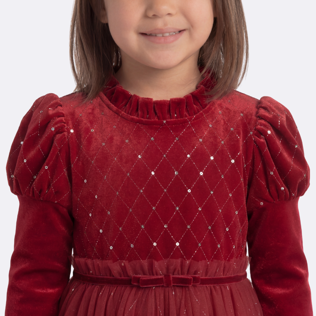 Sunny Fashion Girls Red Rhinestone Puff Sleeve Party Dress