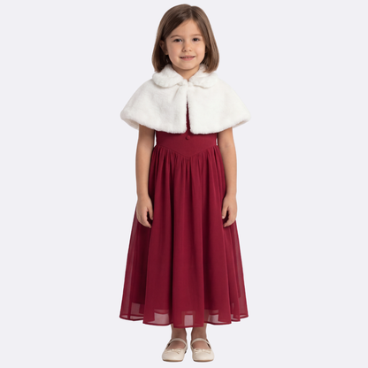 Sunny Fashion Girls Burgundy Chiffon Halter Dress with Faux Fur Cape