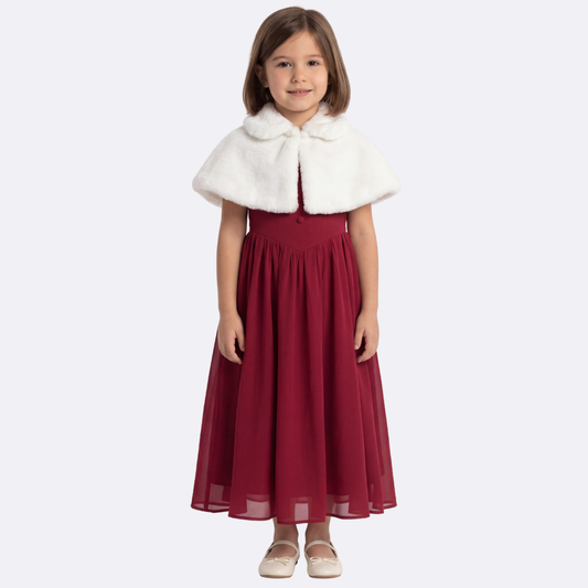 Sunny Fashion Girls Burgundy Chiffon Halter Dress with Faux Fur Cape