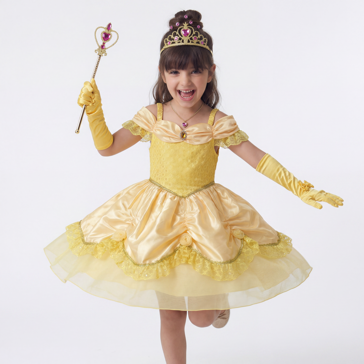 Sunny Fashion Cinderella Princess Yellow Belle Gown Costume Dress with Accessories