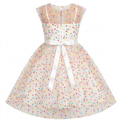 Sunny Fashion Girls Rainbow Polka Dot Tulle Dress with Ribbon Waist