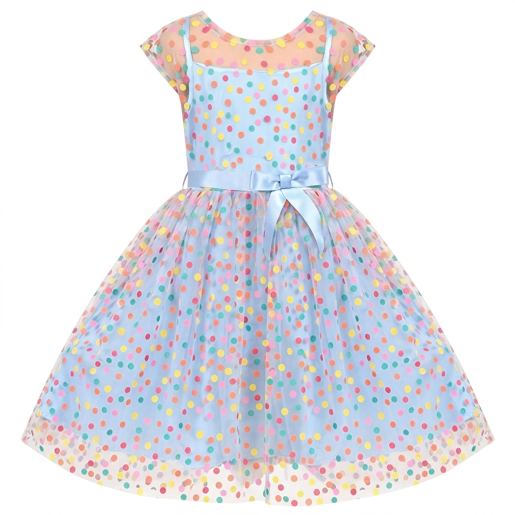 Sunny Fashion Girls Rainbow Polka Dot Tulle Dress with Ribbon Waist