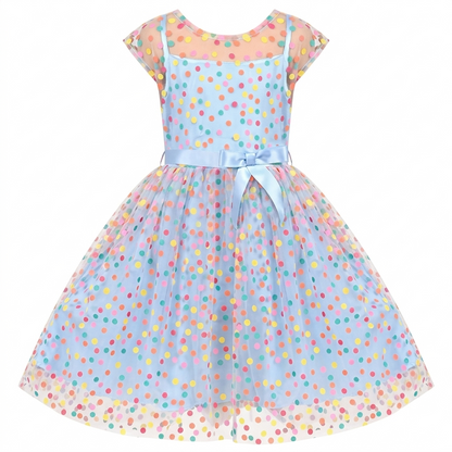 Sunny Fashion Girls Rainbow Polka Dot Tulle Dress with Ribbon Waist