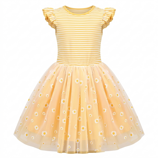 Sunny Fashion Girls Yellow Striped Cotton Dress with Daisy Tulle Skirt