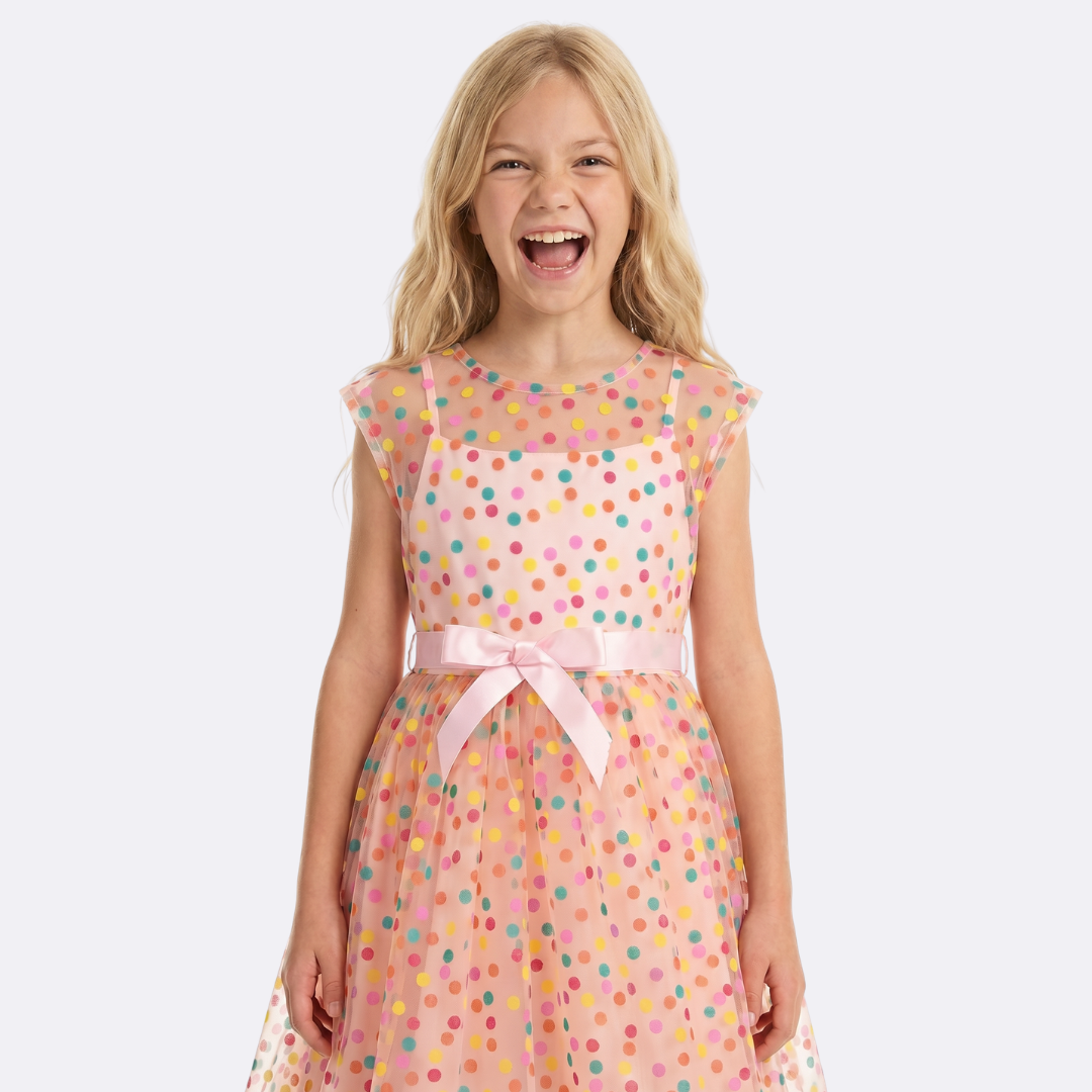 Sunny Fashion Girls Rainbow Polka Dot Tulle Dress with Ribbon Waist