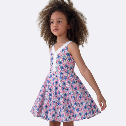 Sunny Fashion Girls Blue Floral Cotton A-Line Dress with Lace V-Neck Trim