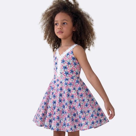 Sunny Fashion Girls Blue Floral Cotton A-Line Dress with Lace V-Neck Trim