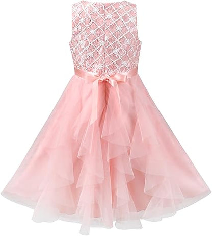 Sunny Fashion Girls Blue Grid Mesh Ruffle Tulle Princess Dress