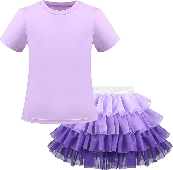 Sunny Fashion Girls Pink Heart Tulle Skirt Set – Cute Striped T-Shirt & Pleated Mesh Outfit
