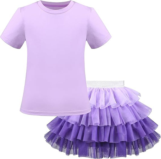 Sunny Fashion Girls Pink Heart Tulle Skirt Set – Cute Striped T-Shirt & Pleated Mesh Outfit