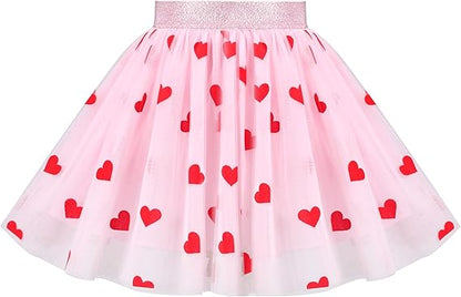 Sunny Fashion Girls Pink Heart Tulle Skirt Set – Cute Striped T-Shirt & Pleated Mesh Outfit
