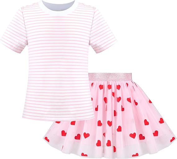 Sunny Fashion Girls Pink Heart Tulle Skirt Set – Cute Striped T-Shirt & Pleated Mesh Outfit