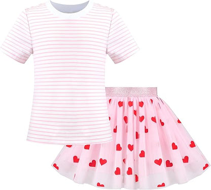 Sunny Fashion Girls Pink Heart Tulle Skirt Set – Cute Striped T-Shirt & Pleated Mesh Outfit