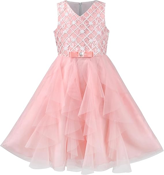 Sunny Fashion Girls Blue Grid Mesh Ruffle Tulle Princess Dress
