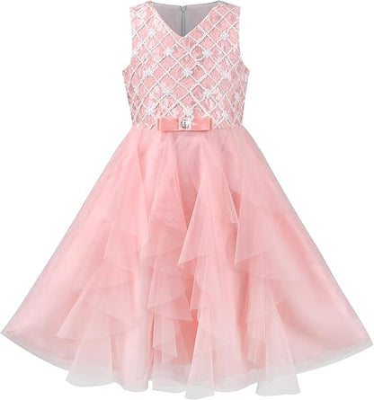 Sunny Fashion Girls Blue Grid Mesh Ruffle Tulle Princess Dress