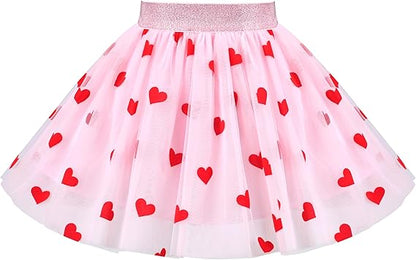 Sunny Fashion Girls Pink Heart Tulle Skirt Set – Cute Striped T-Shirt & Pleated Mesh Outfit