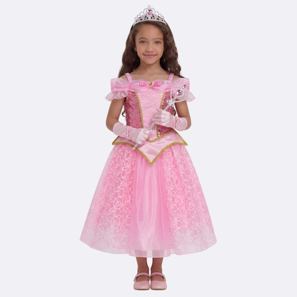 Sleeping Beauty Aurora Princess Dress Pink Off Shoulder Ball Gown Costume Dress for Girls Birthday Party Dress Up Outfits