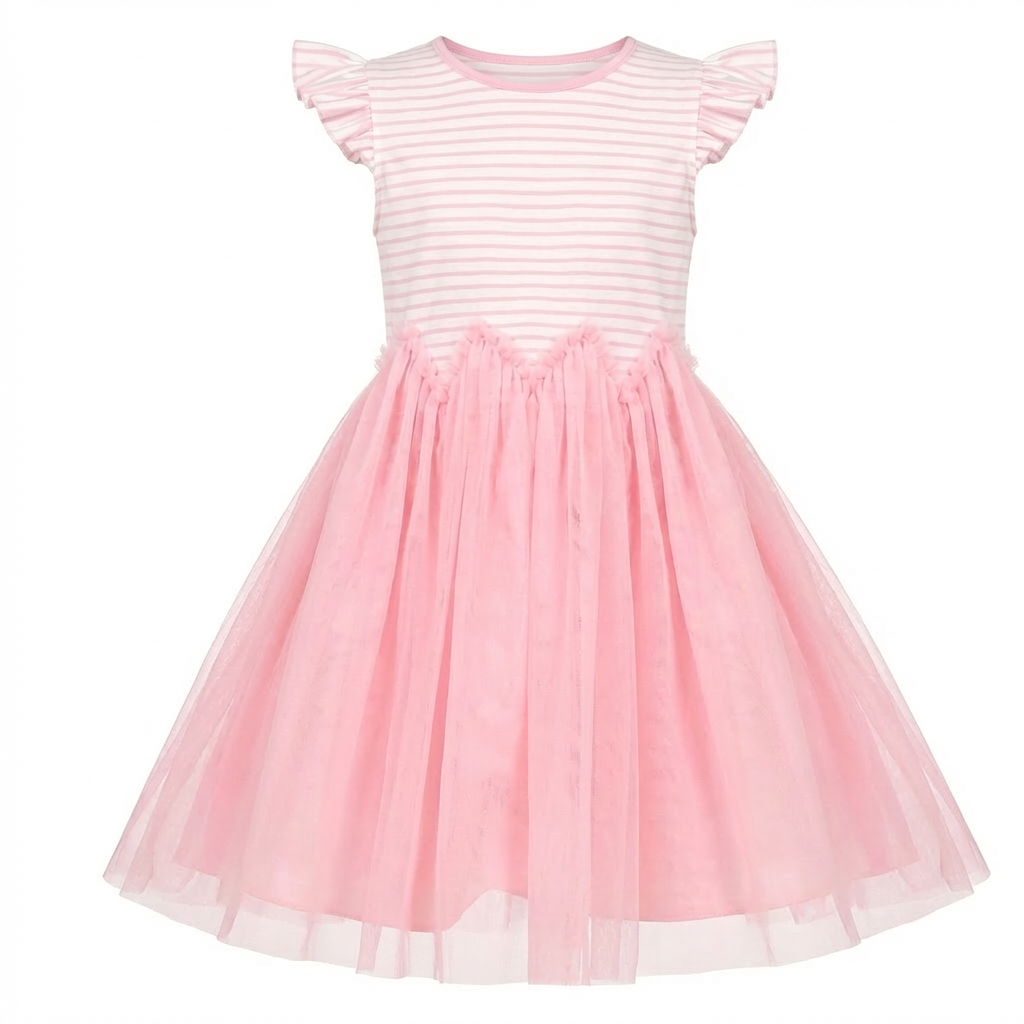 Sunny Fashion Girls Yellow Striped Cotton Dress with Daisy Tulle Skirt
