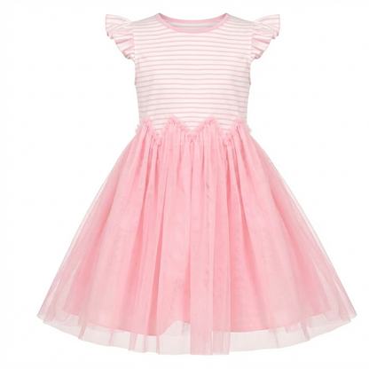 Sunny Fashion Girls Yellow Striped Cotton Dress with Daisy Tulle Skirt