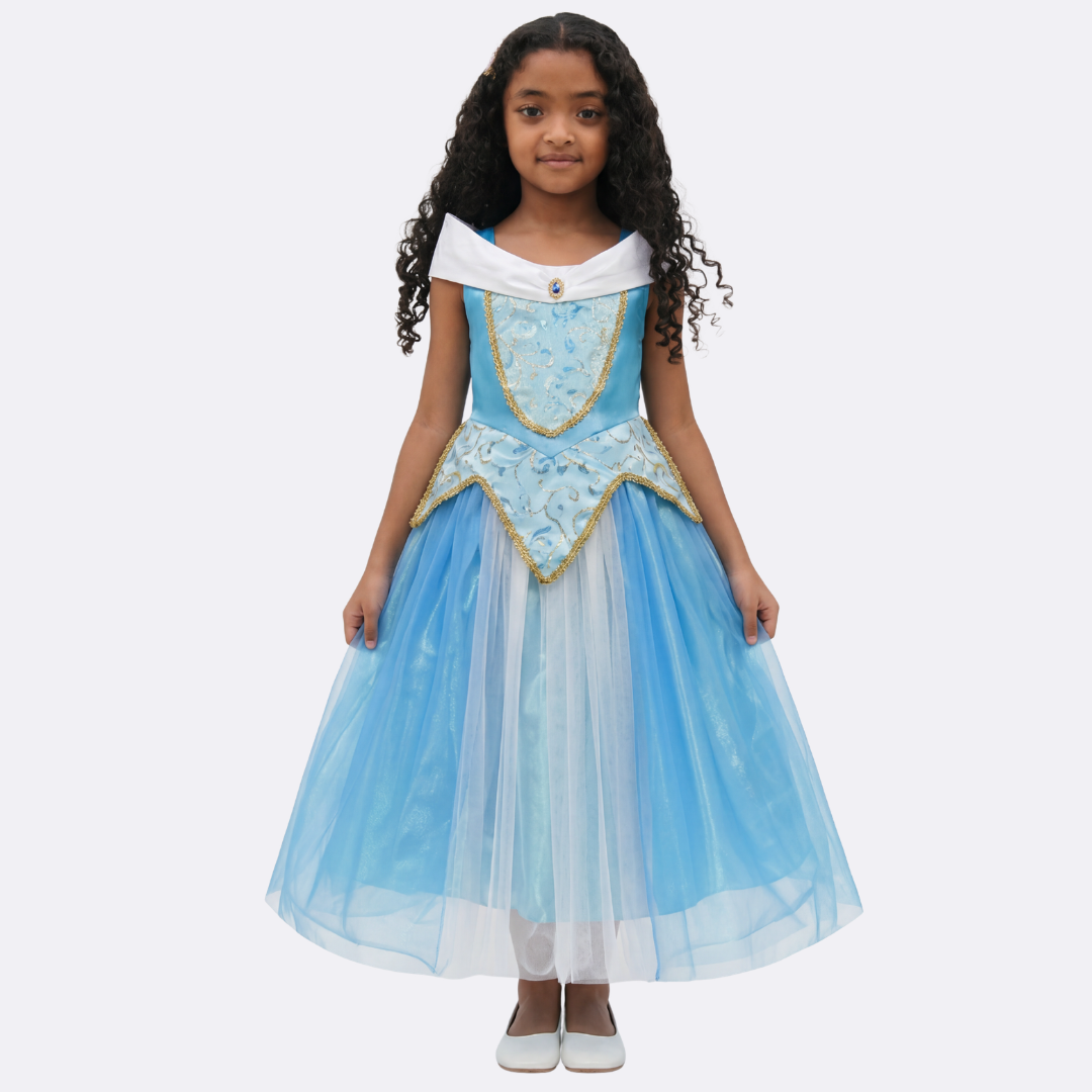 Sunny Fashion Girls Blue Princess Tulle Dress with Gold Trim Costume Gown