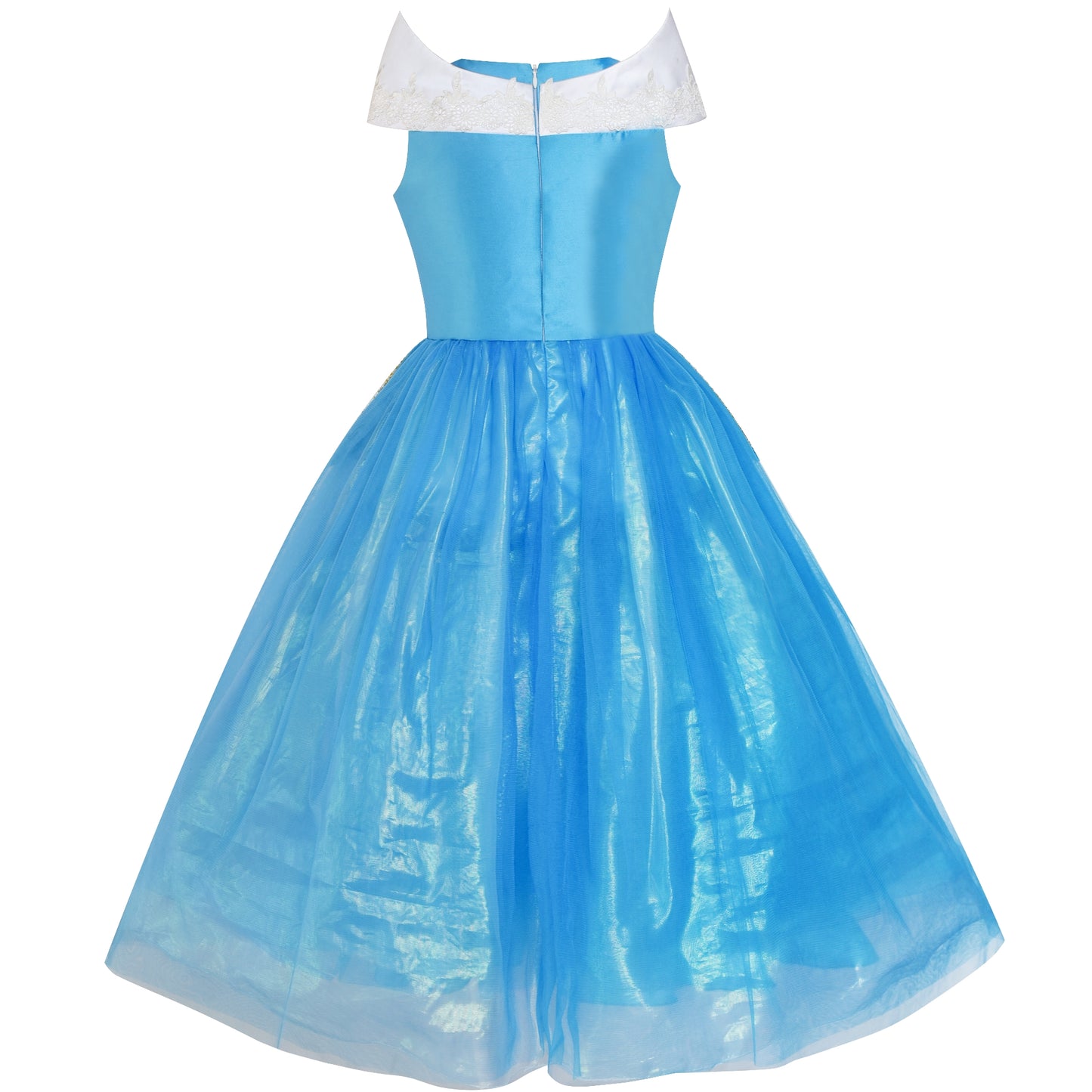 Sunny Fashion Girls Blue Princess Tulle Dress with Gold Trim Costume Gown