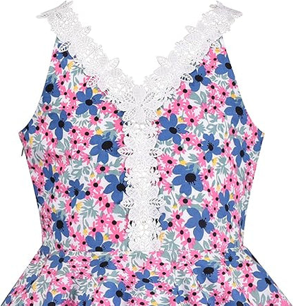 Sunny Fashion Girls Blue Floral Cotton A-Line Dress with Lace V-Neck Trim