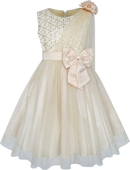 Sunny Fashion Girls Beige Floral One Shoulder Tulle Princess Dress