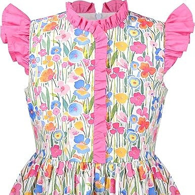 Sunny Fashion Girls Blue Botanical Floral Dress with Ruffle Collar