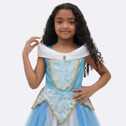 Sunny Fashion Girls Blue Princess Tulle Dress with Gold Trim Costume Gown