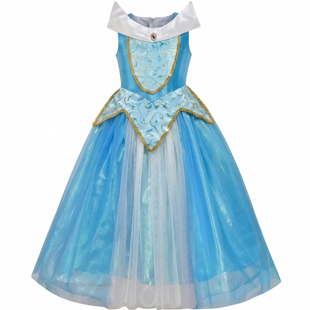 Sunny Fashion Girls Blue Princess Tulle Dress with Gold Trim Costume Gown