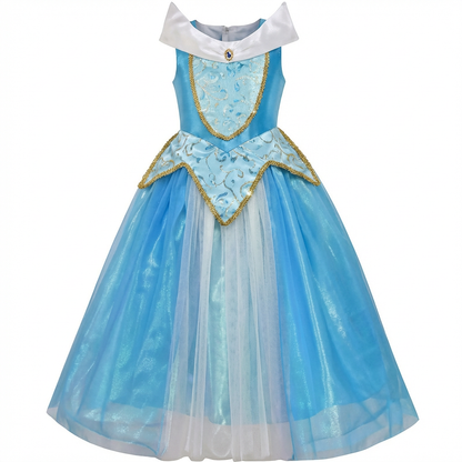 Sunny Fashion Girls Blue Princess Tulle Dress with Gold Trim Costume Gown