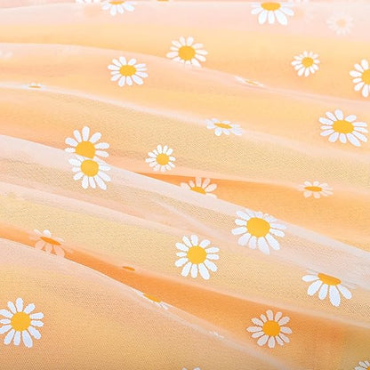 Sunny Fashion Girls Yellow Striped Cotton Dress with Daisy Tulle Skirt