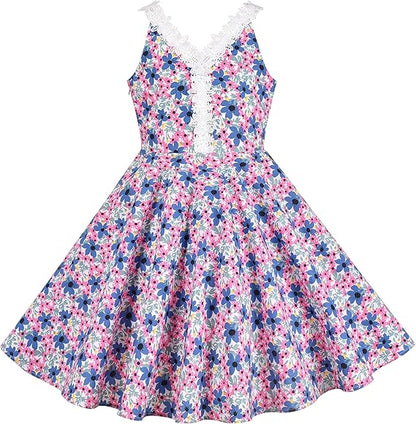 Sunny Fashion Girls Blue Floral Cotton A-Line Dress with Lace V-Neck Trim