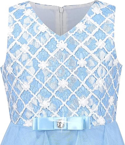 Sunny Fashion Girls Blue Grid Mesh Ruffle Tulle Princess Dress