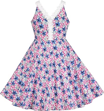 Sunny Fashion Girls Blue Floral Cotton A-Line Dress with Lace V-Neck Trim
