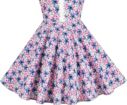 Sunny Fashion Girls Blue Floral Cotton A-Line Dress with Lace V-Neck Trim
